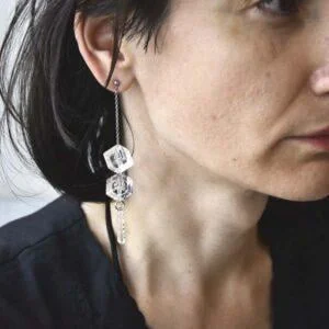 Oryginalne długie kolczyki NAGANO46 na zdjęciu zachwycają wszystkich dokoła i taka zachwycająca jest nasza industrialna i minimalistyczna, autorska biżuteria.