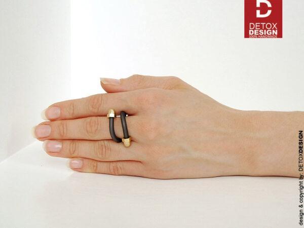 Duży pierścionek KOBRO03 intryguje i zachwyca a kolor grafitowy i kolor złoty pierścionka to kauczuk i mosiądz