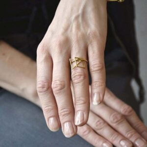 Pierścionek geometryczny NAGANO71 na zdjęciu zaskakuje i zachwyca bo to mobilny pierścionek, minimalistyczny pierścionek i zawsze modny pierścionek jaka biżuteria jest modna prezent